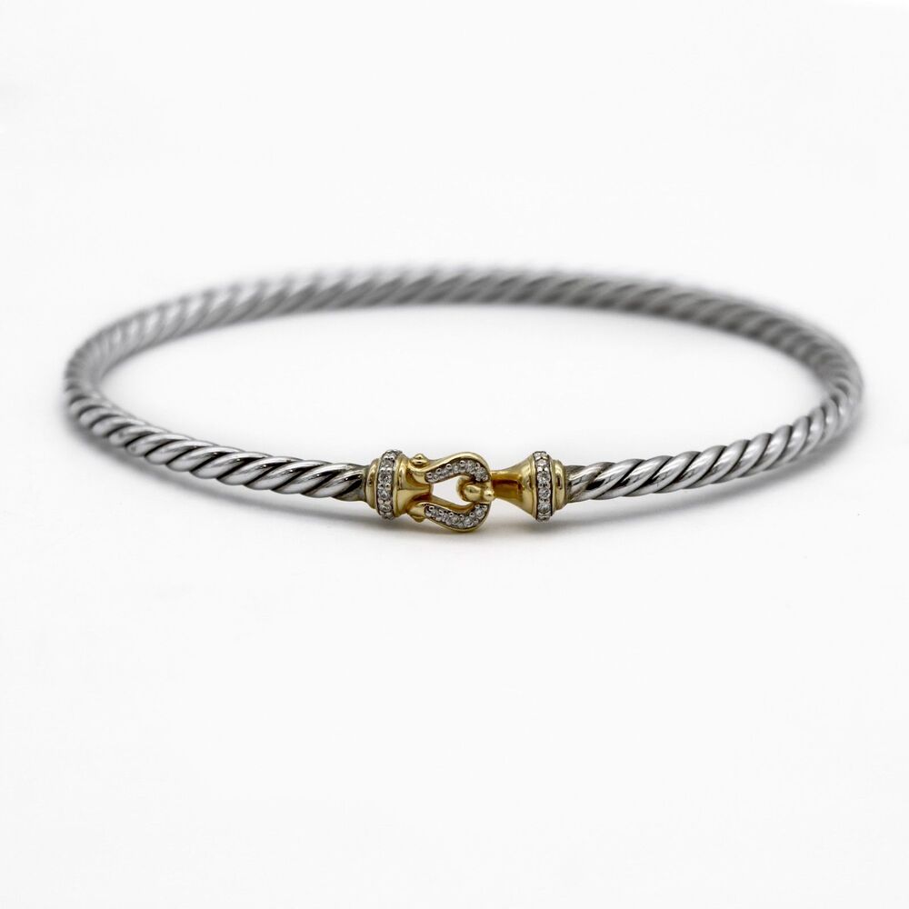 David Yurman Silver 925 18K Gold Diamond Buckle Classic Cable Bracelet 3mm